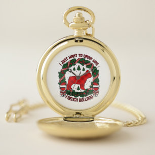 Drink Wine French Bulldog Dog Red Plaid Christmas Pocket Watch