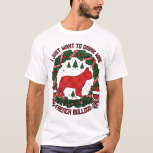 Drink Wine French Bulldog Dog Red Plaid Christmas  T-Shirt