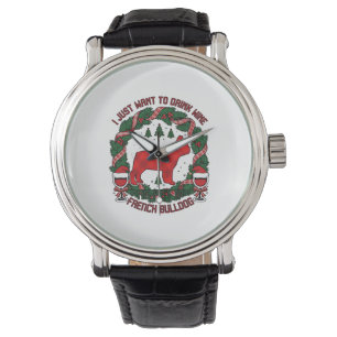 Drink Wine French Bulldog Dog Red Plaid Christmas Watch
