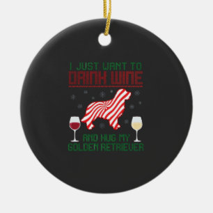 Drink Wine Hug Golden Retriever Christmas Ceramic Ornament