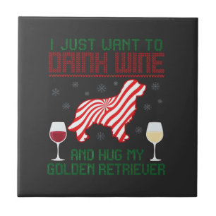 Drink Wine Hug Golden Retriever Christmas Ceramic Tile