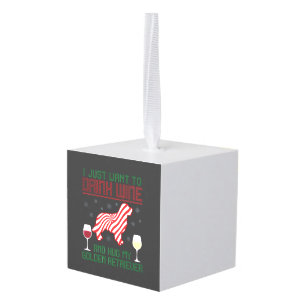 Drink Wine Hug Golden Retriever Christmas Cube Ornament