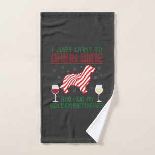 Drink Wine Hug Golden Retriever Christmas Hand Towel
