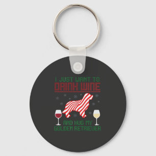 Drink Wine Hug Golden Retriever Christmas Keychain