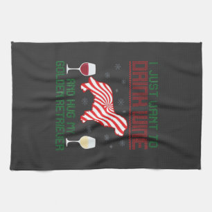 Drink Wine Hug Golden Retriever Christmas Kitchen Towel