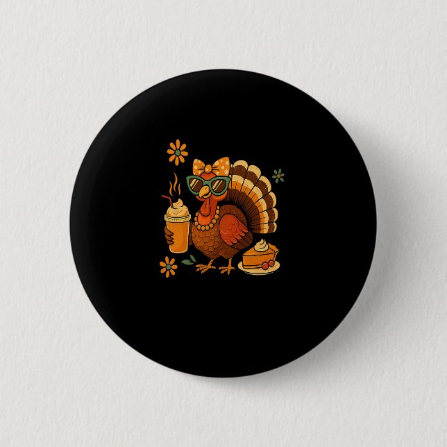 Drinking Coffee Bow Thanksgiving Womens Turkey Day Button (Front)