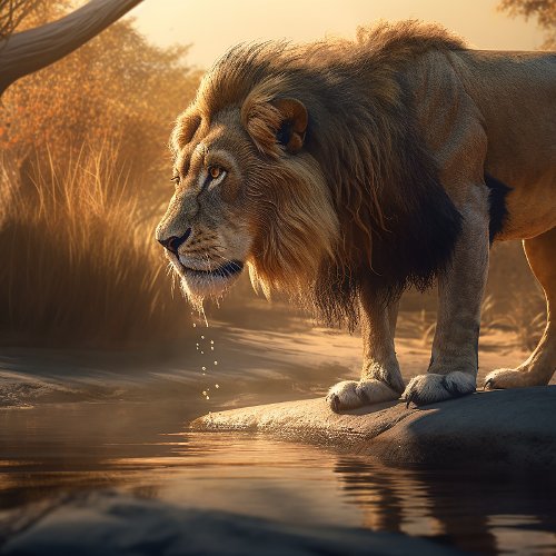 Drinking From Watering Hole Lion Jigsaw Puzzle