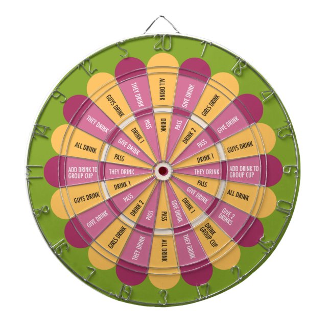 Drinking Game Flower in Pink Yellow Green Dartboard With Darts (Front)