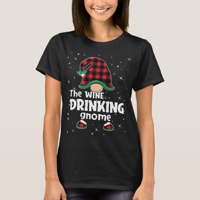 Drinking Gnome Buffalo Plaid Matching Christmas Gi T-Shirt (Front)