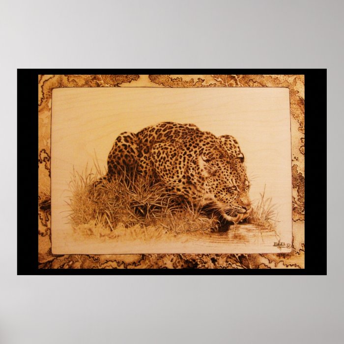 Pyrographic Art burned on Birch wood. Drinking Leopard was originally