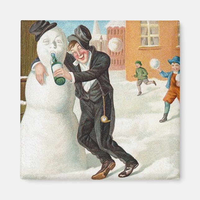 Drinking Snowman Vintage Magnet (Front)