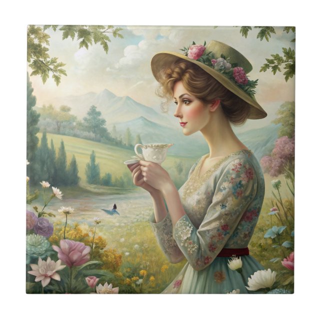 Drinking Tea in Garden Ceramic Tile (Front)