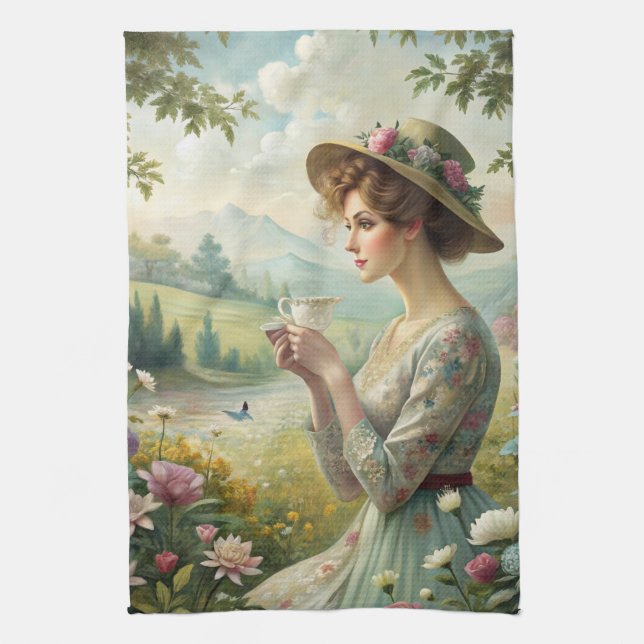 Drinking Tea in Garden Kitchen Towel (Vertical)