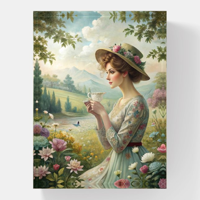 Drinking Tea in Garden Paperweight (Vertical)