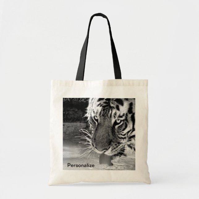 Drinking Tiger At Watering Hole Black And White Tote Bag (Front)