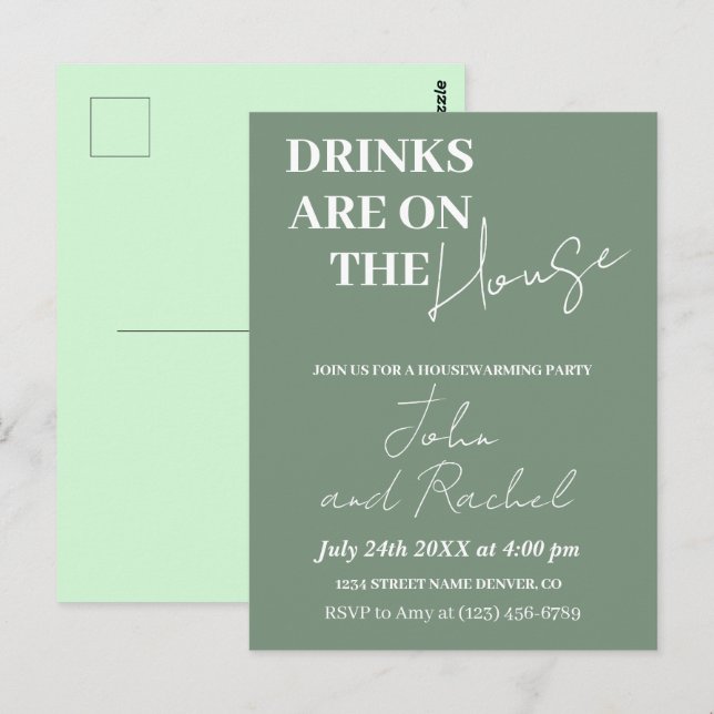 Drinks are on the house housewarming party green postcard (Front/Back)