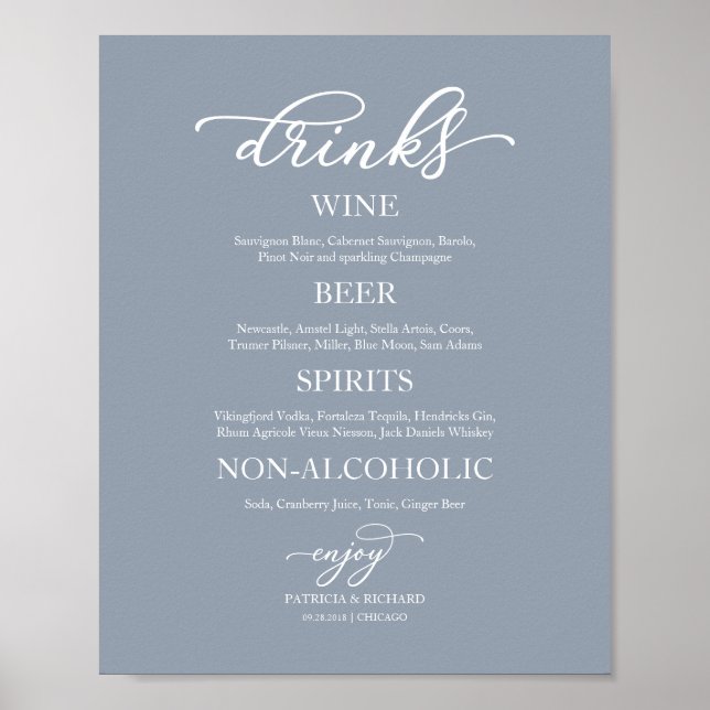 Drinks Bar Elegant Dusty Blue Wedding Sign (Front)