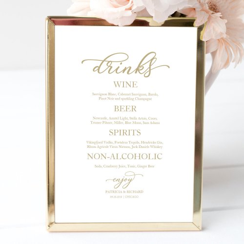 Drinks Bar Elegant Gold Script Wedding Sign