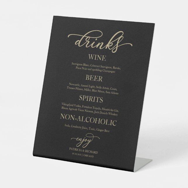Drinks Bar Gold Script Black Wedding Sign (Front)