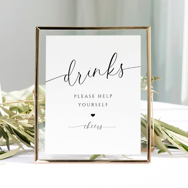Drinks Bar Modern Elegant Bridal Shower Sign (Bridal Shower Drinks Sign - Elegant Romantic Bridal Shower Drinks - Heart - Please help yourself)