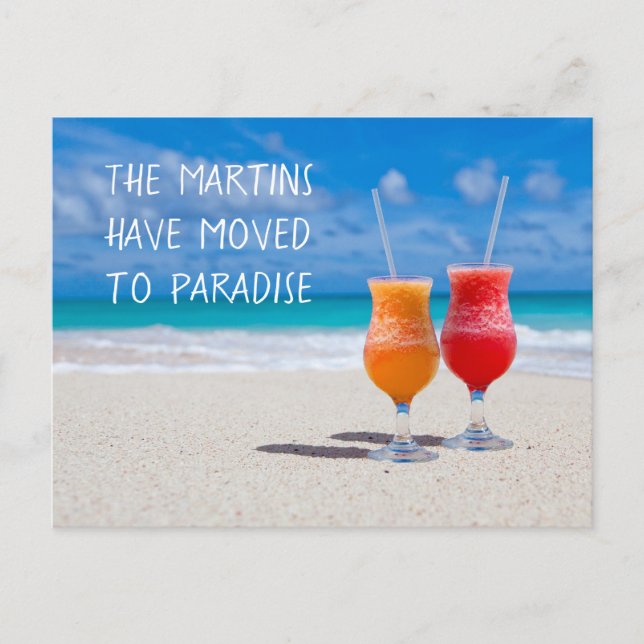 Drinks in the Sand Moving to Paradise Postcard (Front)