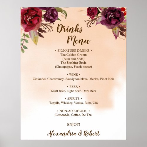 Drinks Menu Burgundy Flowers Bridal Wedding Sign