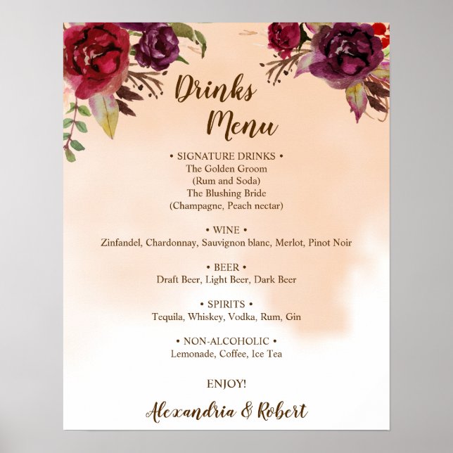 Drinks Menu Burgundy Flowers Bridal Wedding Sign (Front)