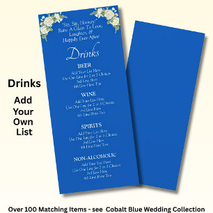 Drinks Menu Card - Cobalt Blue & White Roses