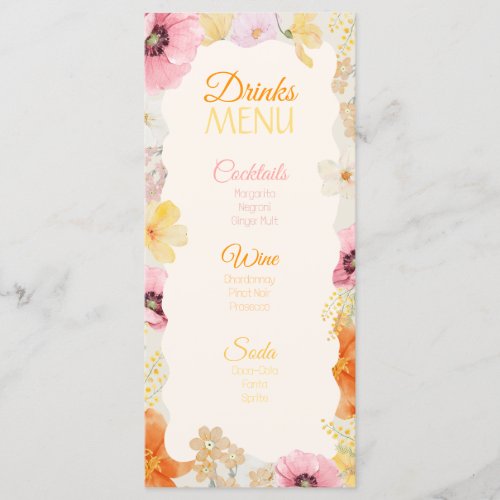 Drinks Menu Floral Pastel Orange, Pink & Yellow