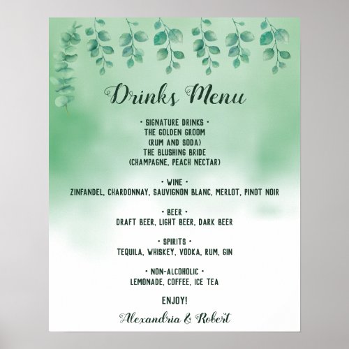 Drinks Menu Greenery Eucalyptus Bridal Wedding Poster
