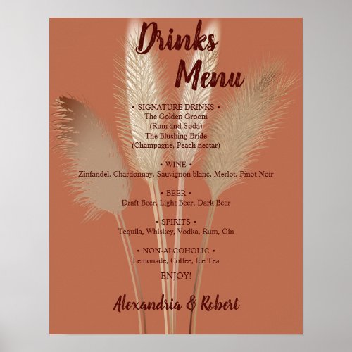 Drinks Menu Pampas Grass Bridal Wedding Sign