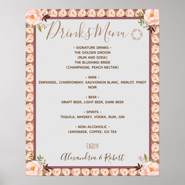 Drinks Menu Pink Floral Frame Bridal Wedding Sign (Front)