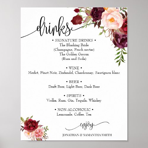Drinks menu sign wedding marsala floral boho chic