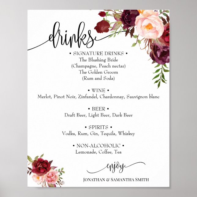 Drinks menu sign wedding marsala floral boho chic (Front)