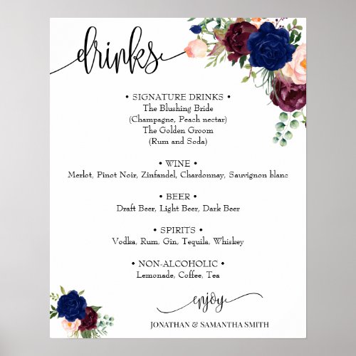 Drinks menu sign wedding navy burgundy floral