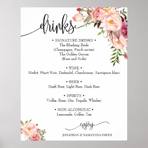 Drinks menu sign wedding pink floral boho chic