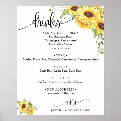 Drinks menu sign wedding sunflower floral boho