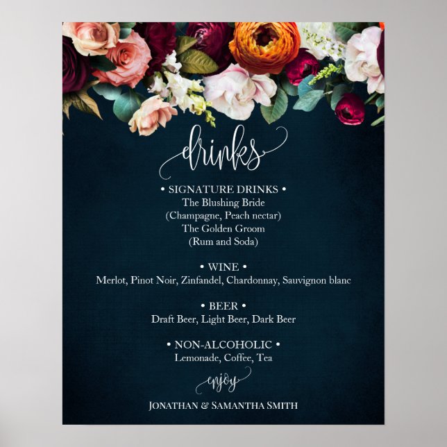 Drinks Menu sign Wine Navy Wedding Eucalyptus (Front)