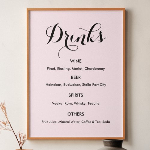 Drinks Menu Wedding Blush Pink Poster