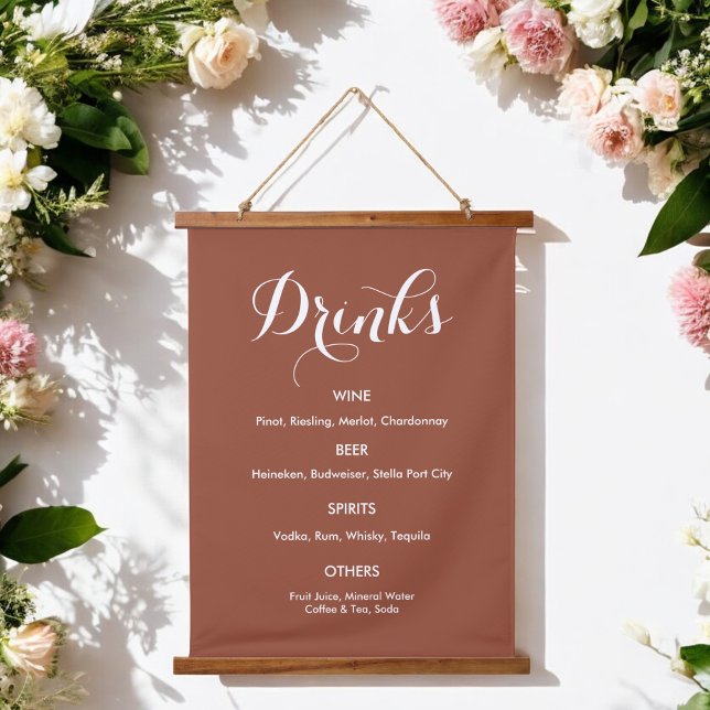 Drinks Menu Wedding Burnt Orange White Hanging Tapestry (Creator Uploaded)