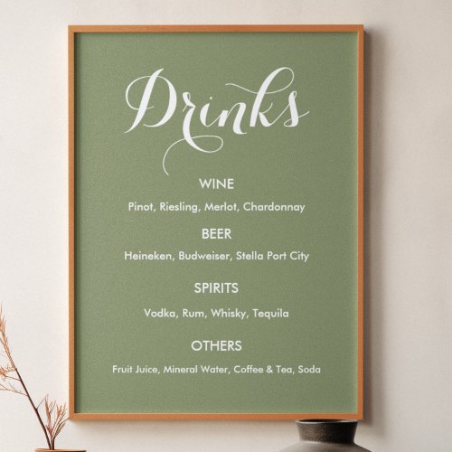 Drinks Menu Wedding Sage Green   Poster