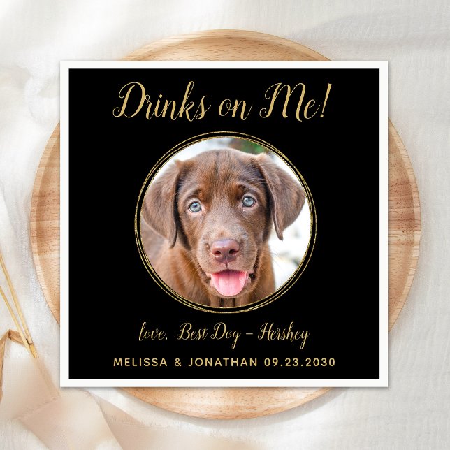 Drinks On Me Black Gold Wedding Pet Dog Photo Napkins (Creator Uploaded)