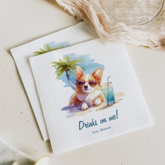 Drinks on Me Corgi Beach Wedding Napkins (Creator Uploaded)