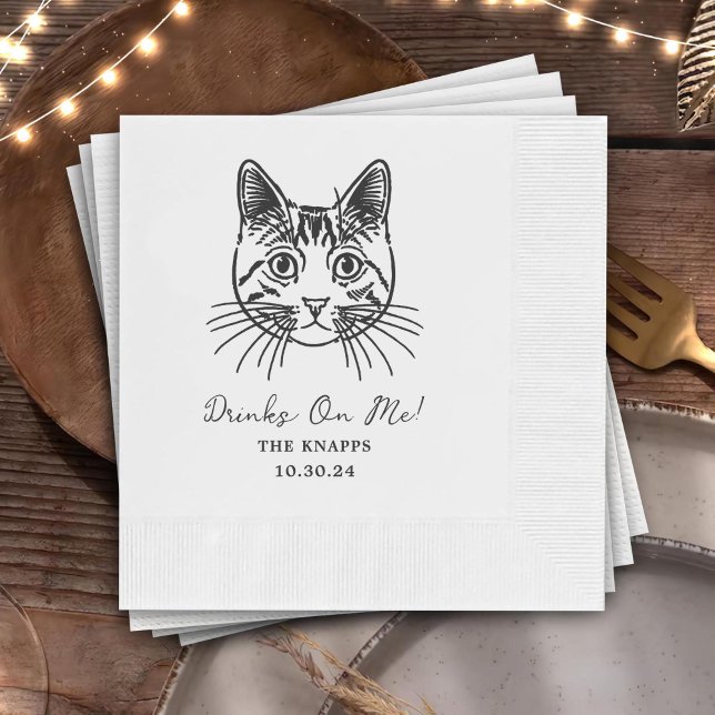 Drinks On Me Custom Cat Drawn Wedding Napkins (Creator Uploaded)