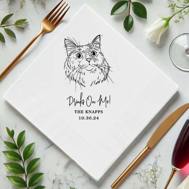 Drinks On Me Custom Cat Drawn Wedding Napkins (Creator Uploaded)