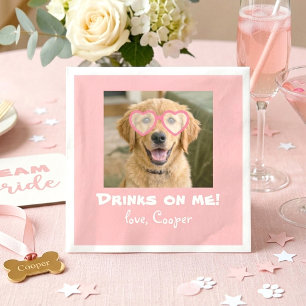 Drinks on Me Cute Fun Dog Photo Modern Pink Napkins