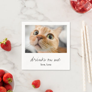 Drinks on Me Cute Fun Simple Photo Cat Wedding Napkins