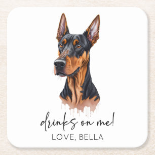 Drinks On Me! Dobermann Dog Pet Wedding Square Paper Coaster
