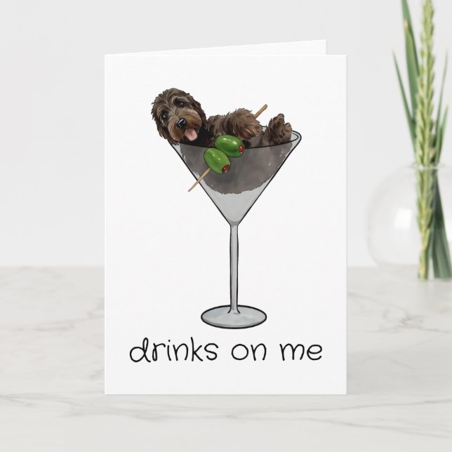 Drinks on Me Doodle Dog Dirty Martini Thank You Card (Front)