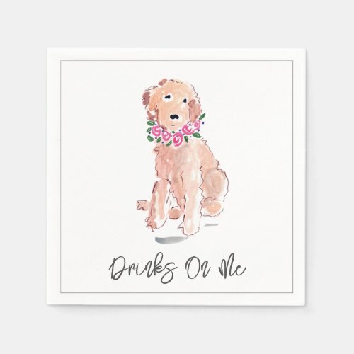 Drinks On Me Golden Doodle Dog Watercolor Flowers Napkins